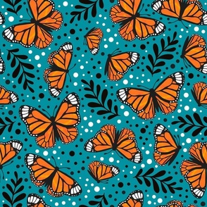 Large Scale Orange Monarch Butterflies on Lagoon Blue