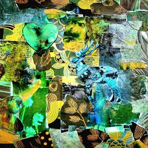 hunter green and gold collage fabric