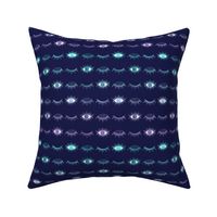 Aqua Teal Mauve Purple Evil Eye Pattern Blue Background