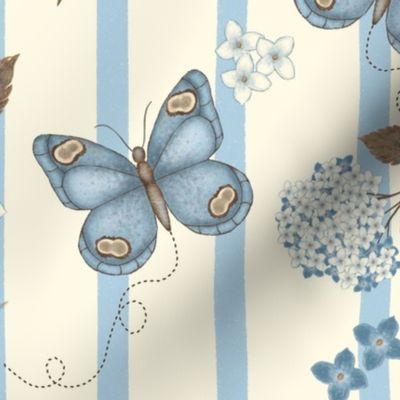 Butterflies and Hydrangeas Stripe- ivory background