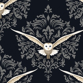 Barn Owls Damask Graphite Black - XL
