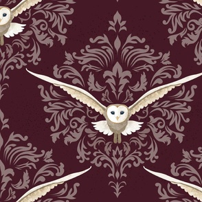 Barn Owls Damask Deep Wine - Large