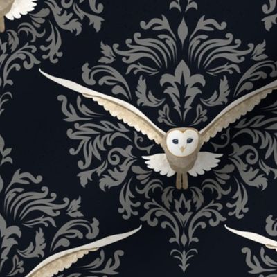 Barn Owls Damask Graphite Black