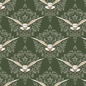 Barn Owls Damask Deep Sage