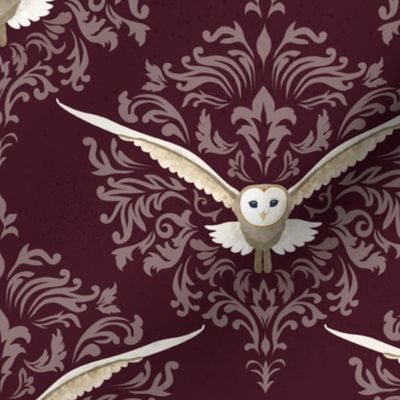 Barn Owls Damask Deep Wine