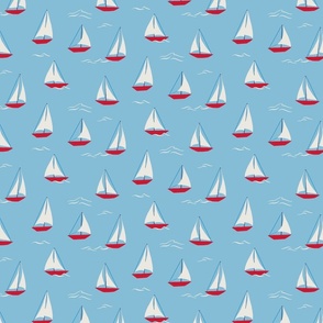 NAUTICAL SAIL BOATS AND WAVES ON LIGHT BLUE