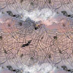 Halloween Spider Web Bats Enchanted Night Pink Sky