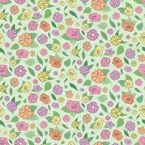 Ditsy Flowers Roses and Daisies Floral Pattern on Green