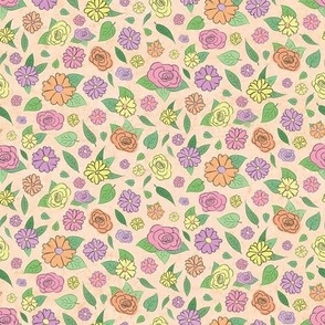 Ditsy Flowers Roses and Daisies Floral Pattern on Peach