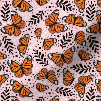 Medium Scale Orange Monarch Butterflies on Cotton Candy Pink