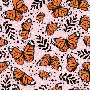 Medium Scale Orange Monarch Butterflies on Cotton Candy Pink