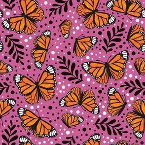 Medium Scale Orange Monarch Butterflies on Peony Pink