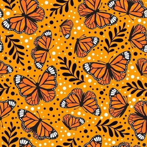 Large Scale Orange Monarch Butterflies on Marigold Golden Yellow
