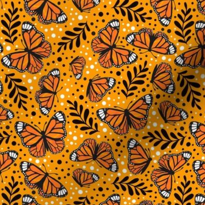 Medium Scale Orange Monarch Butterflies on Marigold Golden Yellow