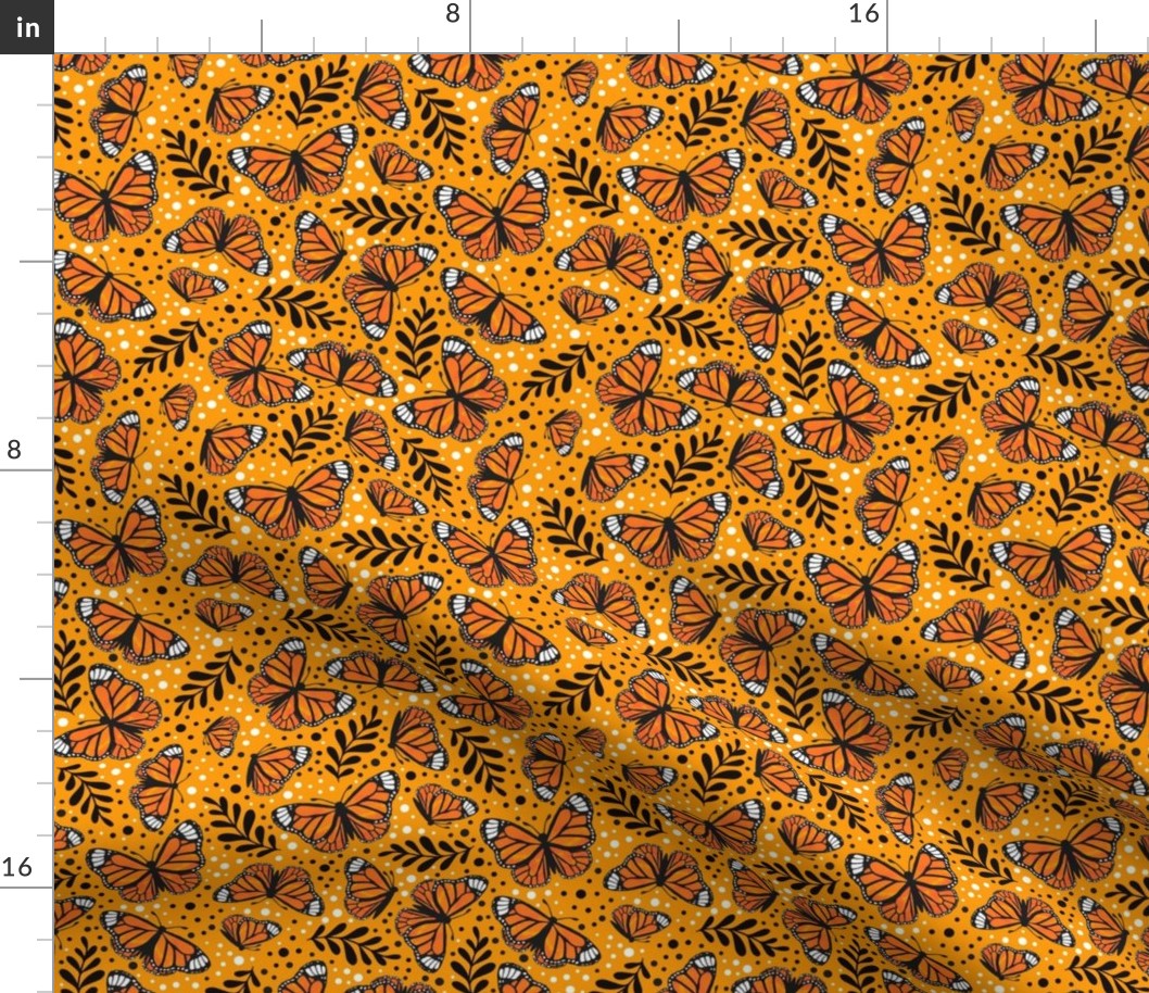 Medium Scale Orange Monarch Butterflies on Marigold Golden Yellow