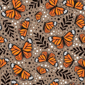 Large Scale Orange Monarch Butterflies on Mushroom Brown Tan