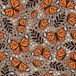Medium Scale Orange Monarch Butterflies on Mushroom Brown Tan