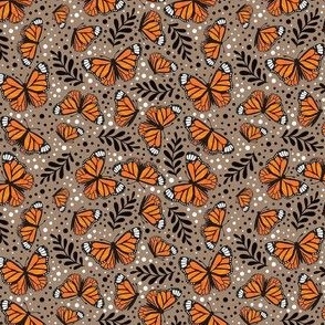 Small Scale Orange Monarch Butterflies on Mushroom Brown Tan