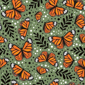 Large Scale Orange Monarch Butterflies on Moss Green
