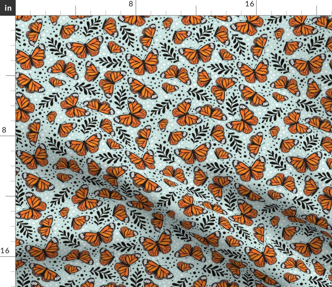 Medium Scale Orange Monarch Butterflies on Pale Seaglass Aqua