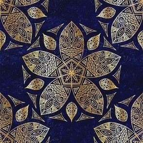 Zendoodle Gold Mandala Flower Pattern on Blue Background