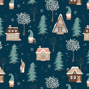 Gonks in a winter wonderland little gnomes christmas seasonal cabin in the woods design neutral brown blue on navy 