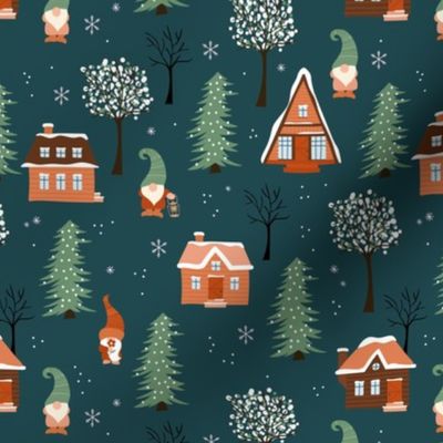 Gonks in a winter wonderland little gnomes christmas seasonal cabin in the woods design neutral brown rust orange on sea green 