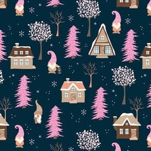 Gonks in a winter wonderland little gnomes christmas seasonal cabin in the woods design neutral brown pink on navy blue night 