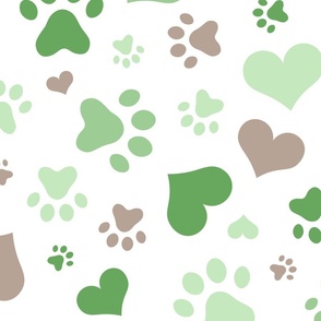 Green Hearts and Paw Prints - Large Scale