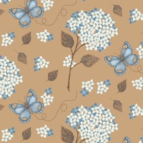 Butterflies and Hydrangeas- brown background