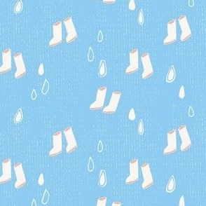 Small - Splash in Puddles - White and Pink Rainboots on Light Blue