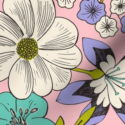 Blooming Garden - Retro Floral Pink Purple Ivory Large Scale