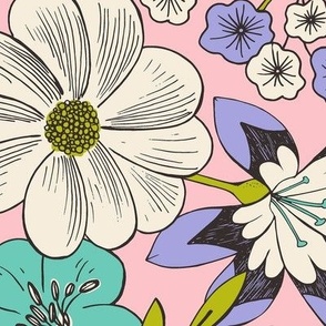 Blooming Garden - Retro Floral Pink Purple Ivory Large Scale