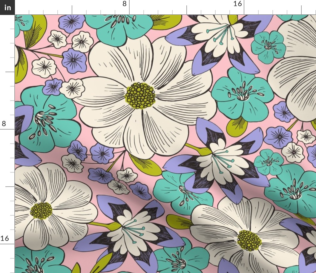 Blooming Garden - Retro Floral Pink Purple Ivory Large Scale