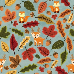 Fox And Deer In Autumn Teal 