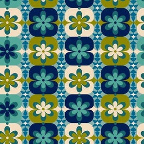 Small // Groovy Blossoms: Retro 1970s Checkered Flowers - Blue & Green