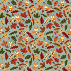 Fox And Deer In Autumn Teal Small 