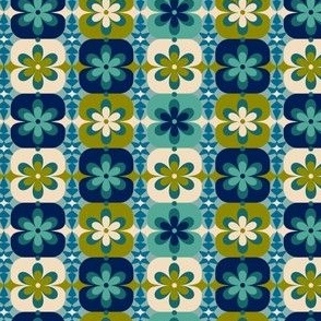 Mini Micro // Groovy Blossoms: Retro 1970s Checkered Flowers - Blue & Green