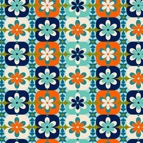 Mini Micro // Groovy Blossoms: Retro 1970s Checkered Flowers - Orange & Blue