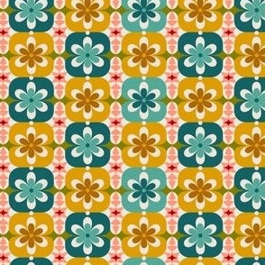 Mini Micro // Groovy Blossoms: Retro 1970s Checkered Flowers - Yellow & Blue