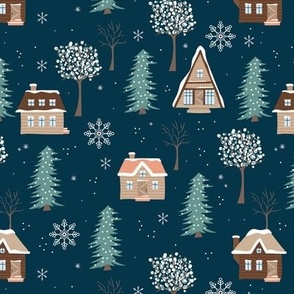 Winter wonderland cabins and christmas trees snowfall seasonal hygge design blue on navy