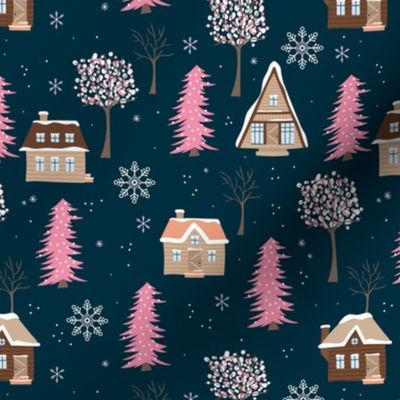 Winter wonderland cabins and christmas trees snowfall seasonal hygge design pink brown beige on navy