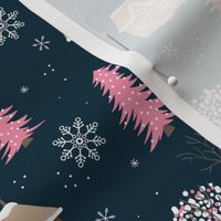 Winter wonderland cabins and christmas trees snowfall seasonal hygge design pink brown beige on navy