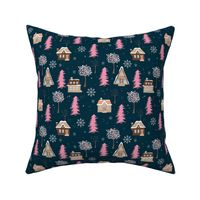 Winter wonderland cabins and christmas trees snowfall seasonal hygge design pink brown beige on navy