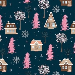 Winter wonderland cabins and christmas trees snowfall seasonal hygge design pink brown beige on navy