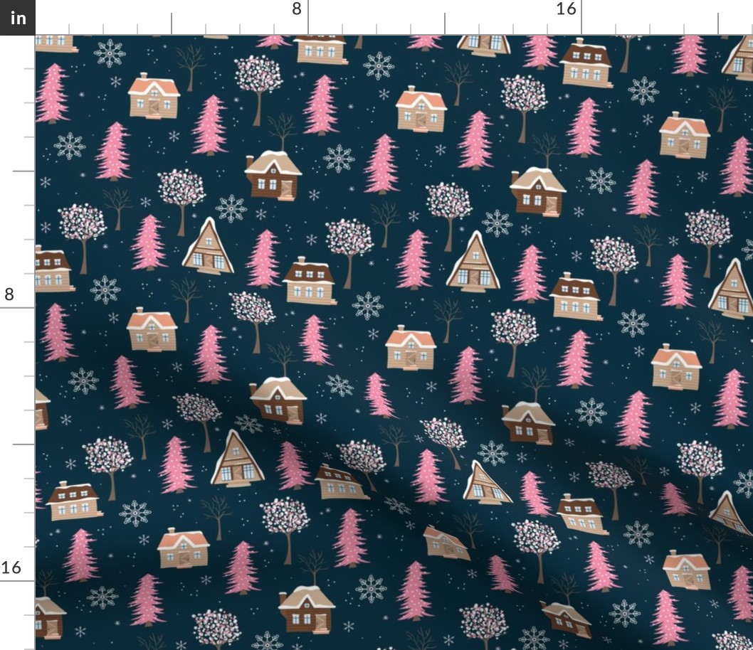 Winter wonderland cabins and christmas trees snowfall seasonal hygge design pink brown beige on navy