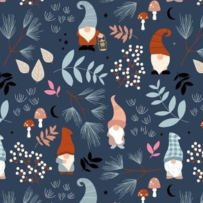 Forest gonks - autumn leaves toadstools and meadow wild nature design gnomes on jeans blue