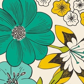Blooming Garden - Retro Floral Green Aqua Ivory Large Scale