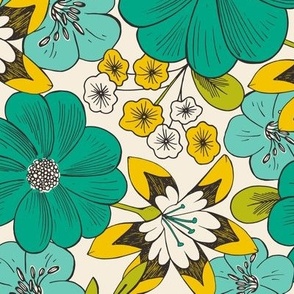 Blooming Garden - Retro Floral Green Aqua Ivory Medium Scale