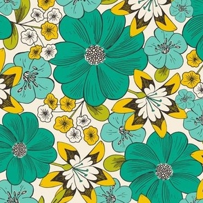 Blooming Garden - Retro Floral Green Aqua Ivory Regular Scale